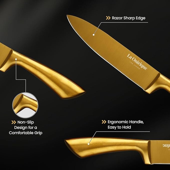 Luxury Gold Knife Set With Block Rod-Sharpener | 8-Piece Black and Gold Titanium-Coated Stainless Steel Gold Kitchen Knife Set, Super Sharp Cutlery - Ideal Knife Set Gold for Home Chefs
