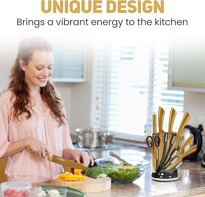 Luxury Gold Knife Set With Block Rod-Sharpener | 8-Piece Black and Gold Titanium-Coated Stainless Steel Gold Kitchen Knife Set, Super Sharp Cutlery - Ideal Knife Set Gold for Home Chefs