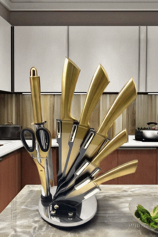 Luxury Gold Knife Set With Block Rod-Sharpener | 8-Piece Black and Gold Titanium-Coated Stainless Steel Gold Kitchen Knife Set, Super Sharp Cutlery - Ideal Knife Set Gold for Home Chefs