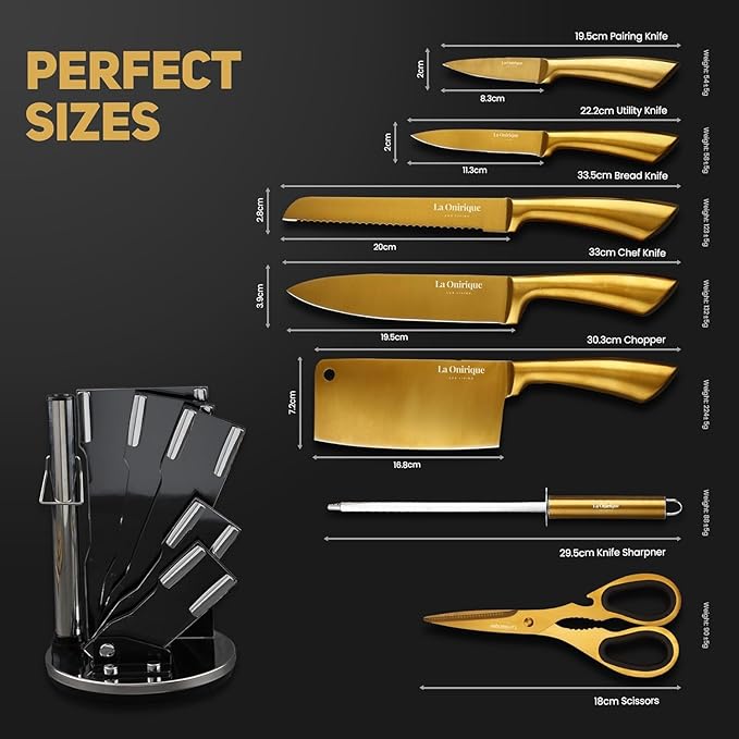 Luxury Gold Knife Set With Block Rod-Sharpener | 8-Piece Black and Gold Titanium-Coated Stainless Steel Gold Kitchen Knife Set, Super Sharp Cutlery - Ideal Knife Set Gold for Home Chefs