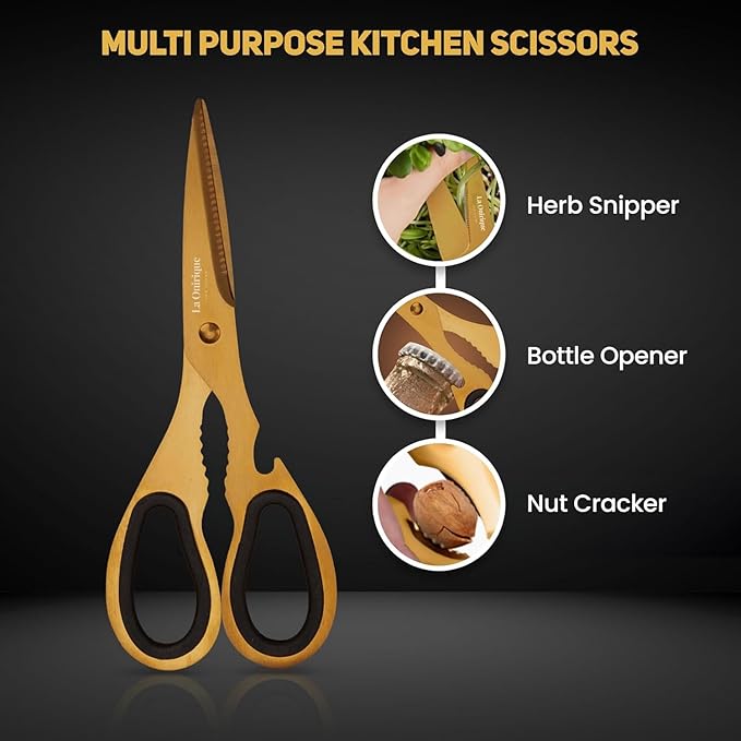 Luxury Gold Knife Set With Block Rod-Sharpener | 8-Piece Black and Gold Titanium-Coated Stainless Steel Gold Kitchen Knife Set, Super Sharp Cutlery - Ideal Knife Set Gold for Home Chefs