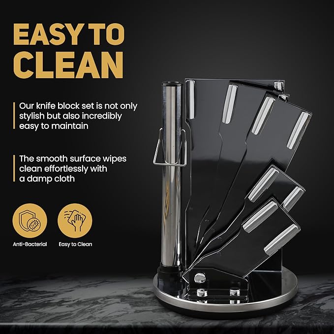Luxury Gold Knife Set With Block Rod-Sharpener | 8-Piece Black and Gold Titanium-Coated Stainless Steel Gold Kitchen Knife Set, Super Sharp Cutlery - Ideal Knife Set Gold for Home Chefs