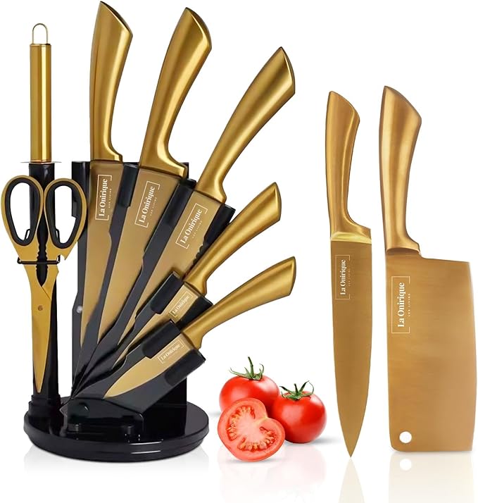 Luxury Gold Knife Set With Block Rod-Sharpener | 8-Piece Black and Gold Titanium-Coated Stainless Steel Gold Kitchen Knife Set, Super Sharp Cutlery - Ideal Knife Set Gold for Home Chefs