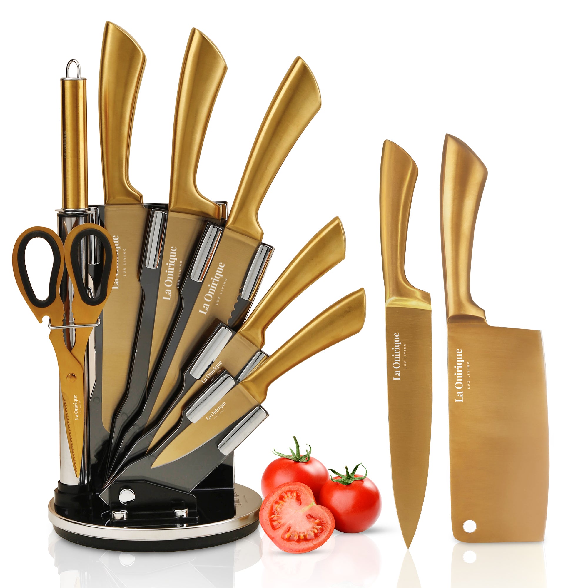 Luxury Gold Knife Set With Block Rod-Sharpener | 8-Piece Black and Gold Titanium-Coated Stainless Steel Gold Kitchen Knife Set, Super Sharp Cutlery - Ideal Knife Set Gold for Home Chefs